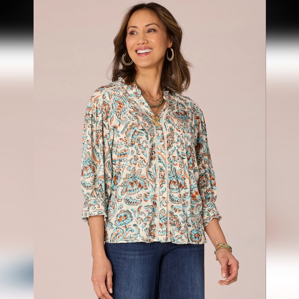 Democracy Elbow Sleeve Pintuck‎ Button Front Printed Woven Shirt, 2X NWT